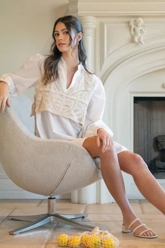 Annie Wear Crochet Vest Notched Long Sleeve Shirt Dress 57e34ea5-0198-4839-b3f9-67af122d1039-Max