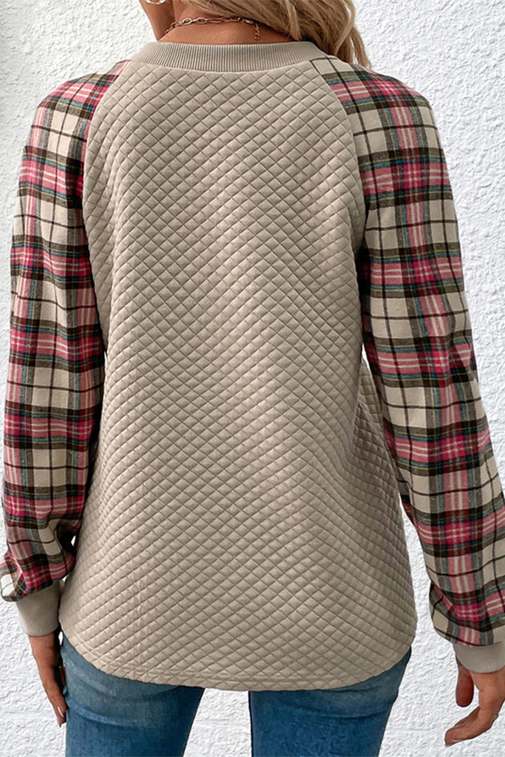 Apricot Plus Size Plaid Raglan Sleeve Crew Neck Sweatshirt 57ed9ed804219ea2