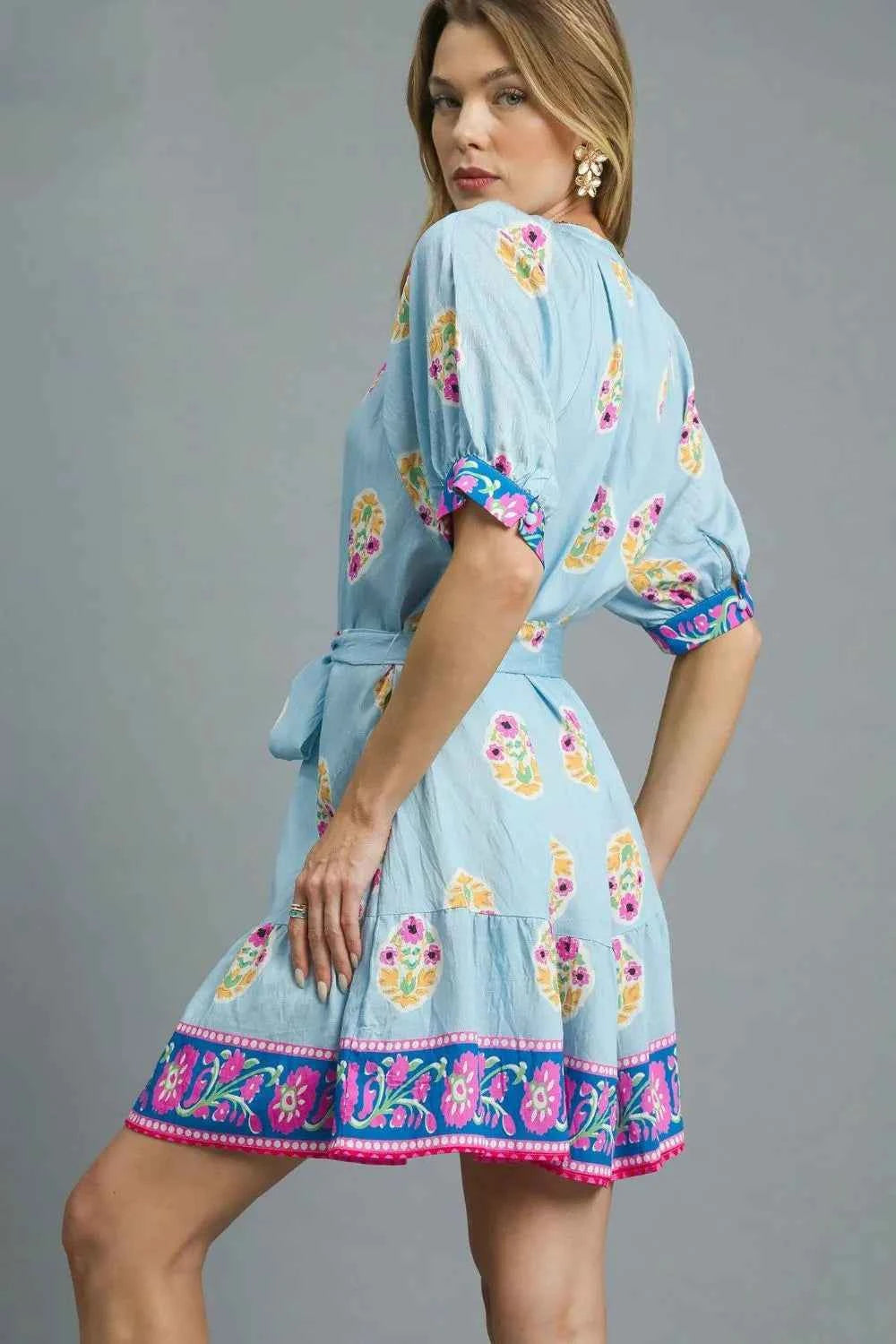 Umgee Floral Print Tie Waist Short Sleeve Dress 57ee2157-6b97-4753-8524-4190dabbc3d4-Max-Origin