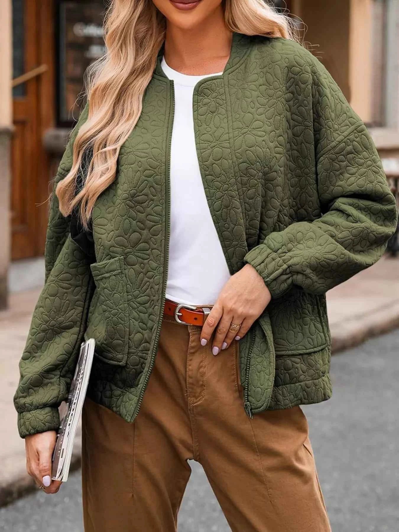 Full Size Floral Quilted Zip Up Jacket Plus Size Olive Green 57f0a6f037a74a60a2a3887df3f26182-Max-Origin