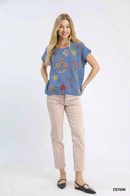 Embroidered Scallop Sleeve Top with Drawstring Hem 57f22a75-f274-4420-972a-e1def5b9e7c4-Max-Origin