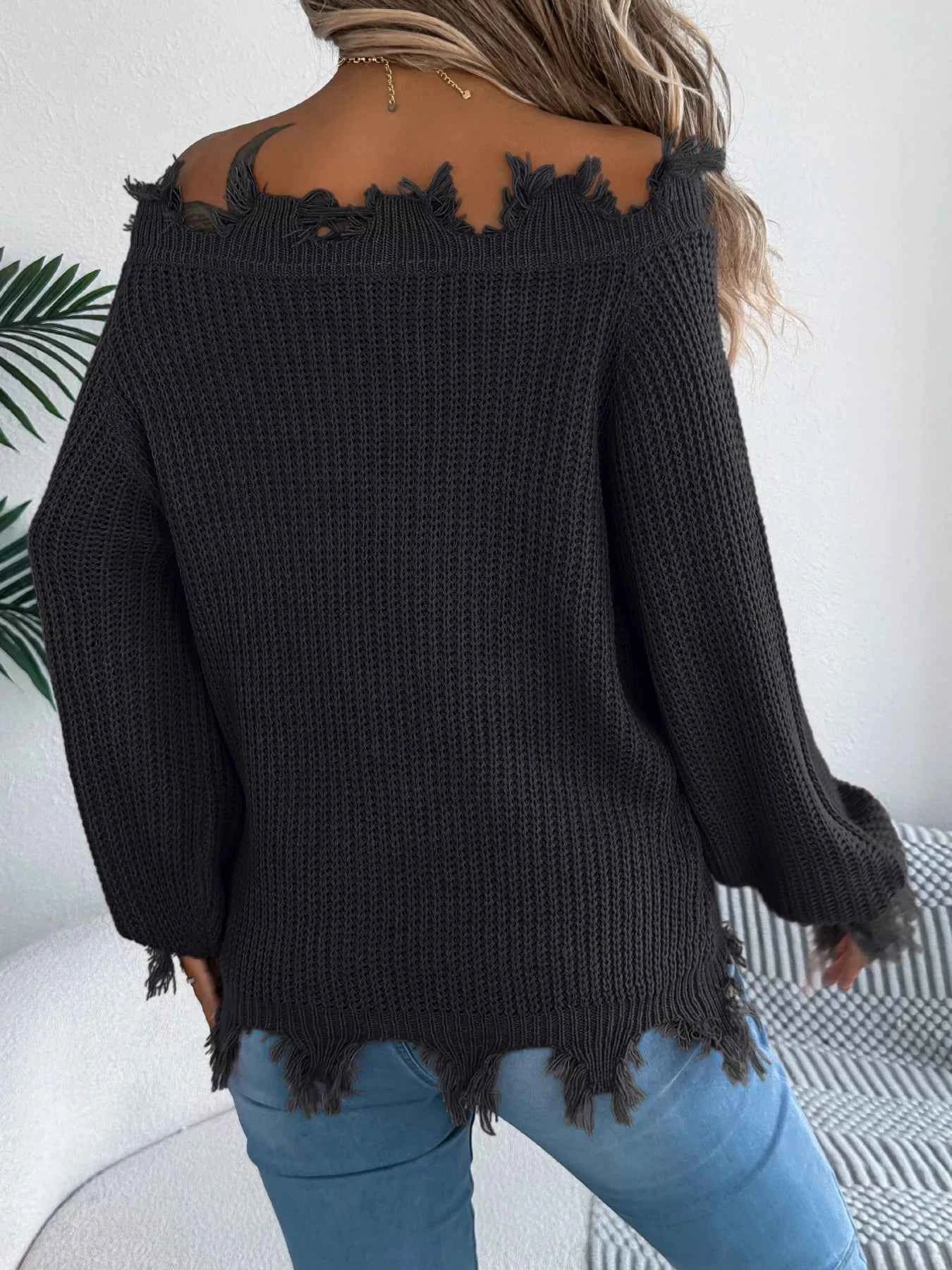 Distressed Hem Openwork Off-Shoulder Sweater 57f26064a6e54e4baa99693a8c8835a6-Max-Origin