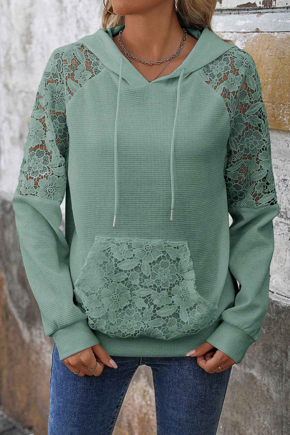 Gossamer Pink Lace Patchwork Raglan Sleeve Kangaroo Pocket Waffle Hoodie 57f662d5e672d0f6