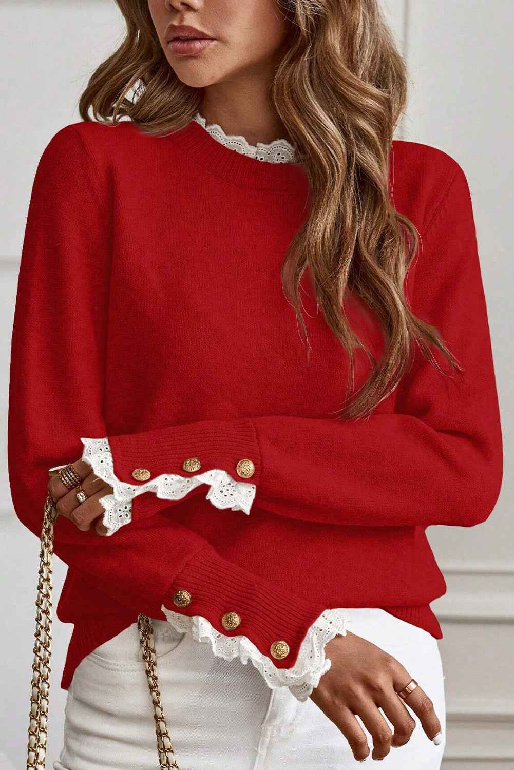 Racing Red Lace Trim Patchwork Buttoned Cuffs Loose Sweater 57f669db4b2ebf4f