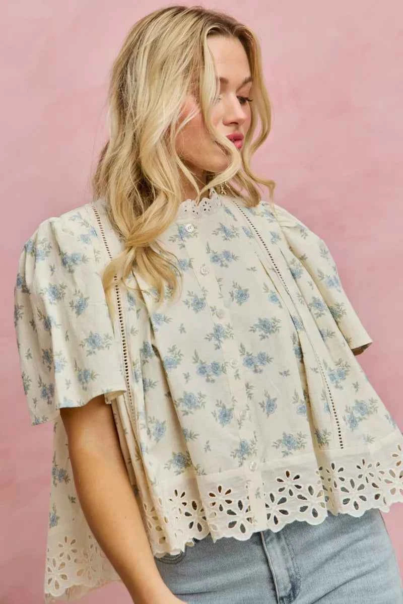SO ME Floral Print Lace Trim Flutter Sleeves Blouse 57f70920-cc2e-4fba-b457-6159f08fad9d-Max-Origin