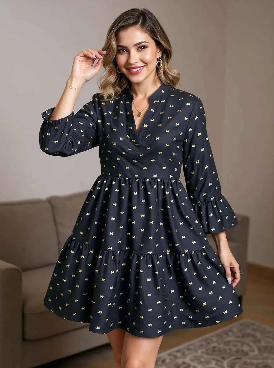 Bow Notched Long Sleeve Dress Black 57f8fd6e-3619-4964-9c88-94d71f909601-Max-Origin