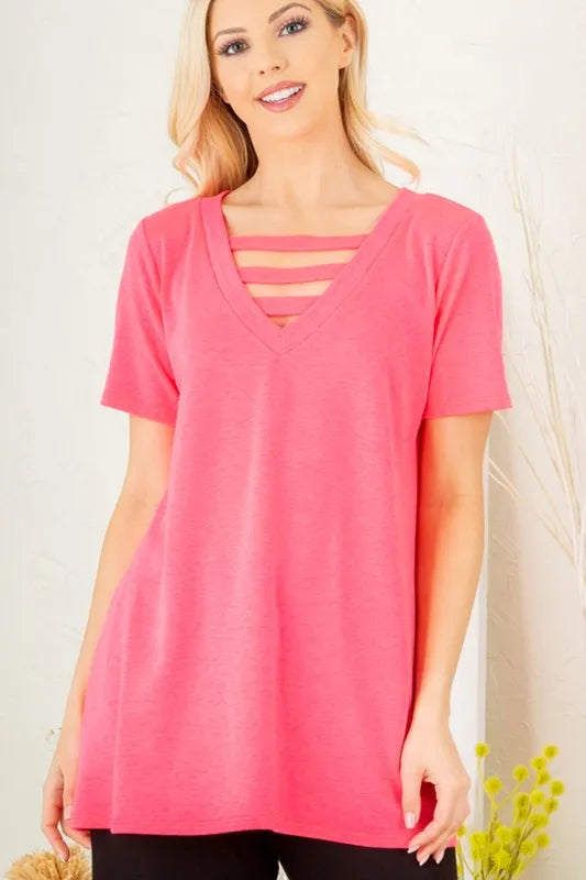 Heimish Full Size V-Neck Short Sleeve T-Shirt with Bar Detail Plus Size 57f98dc4-3f68-4d92-b876-4f8dca4e89ee-Max