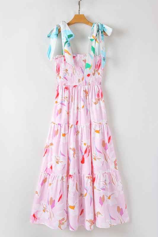 Floral Knotted Shoulder Smocked Maxi Dress 57fc65ad-9042-44ac-a001-011cab4cb3a3