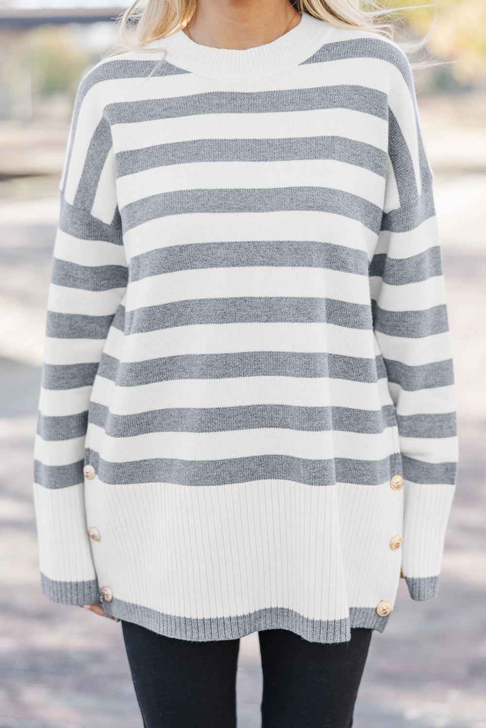 Gray Stripe Ribbed Buttoned Detail Drop Shoulder Tunic Sweater 57fe7c4d09489f0a