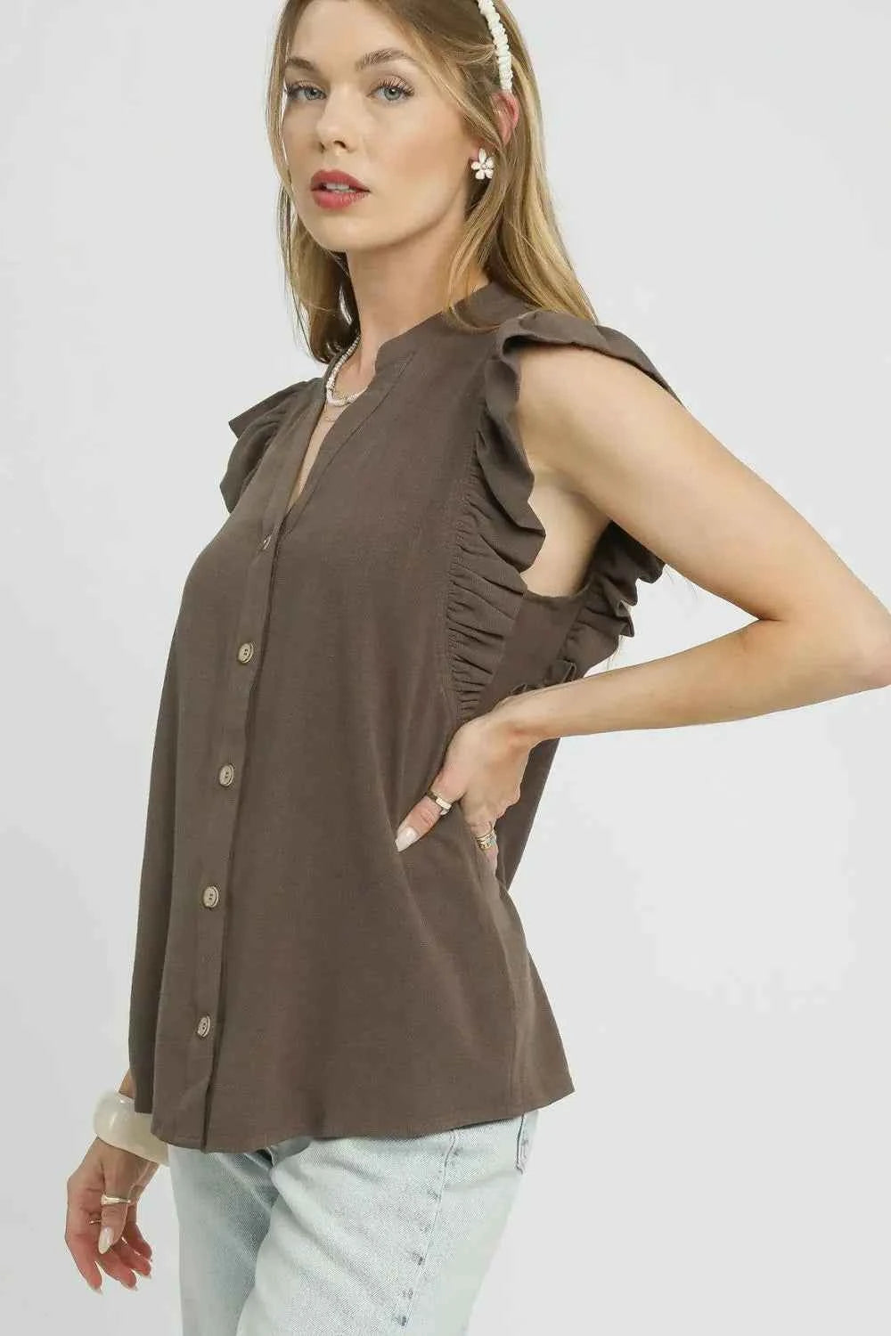 Umgee Linen Ruffle Sleeve Button-Down Shirt 5803b484-57d4-493e-b915-a9471c02f123-Max-Origin
