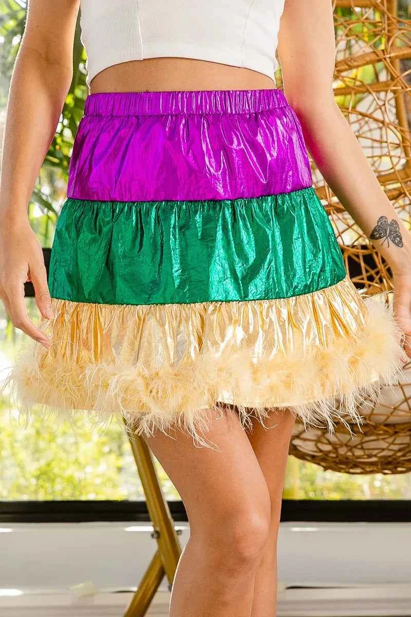 BiBi Faux Feather Hem Mardi Gras Metalic Mini Skirt 58047bd062e04a6ab9b2a8607c603210-Max-Origin