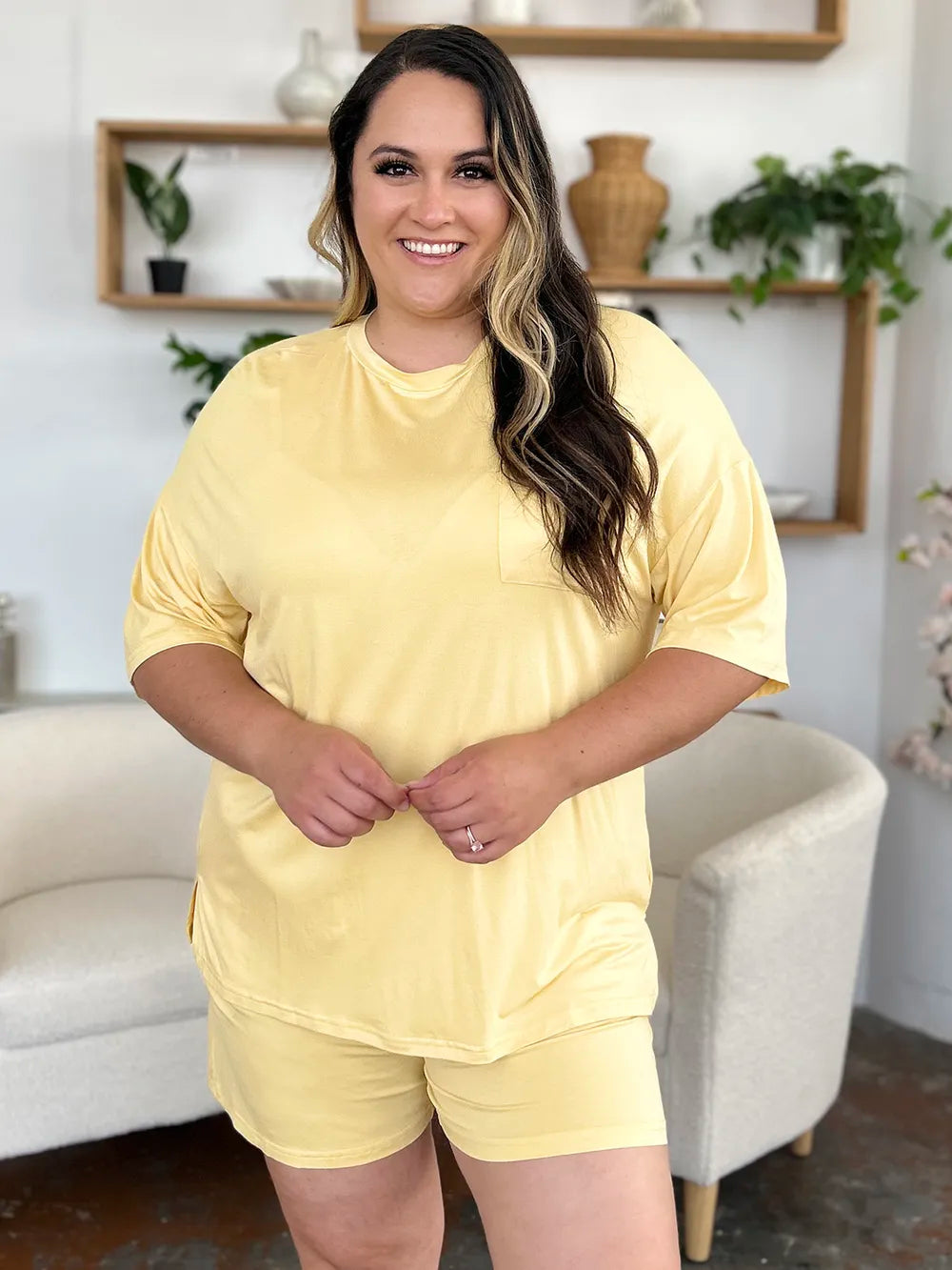 Basic Bae Bamboo Full Size Round Neck Drop Shoulder T-Shirt and Shorts Set 5806e6a1-d66e-4bab-94be-89130e36a769-Max