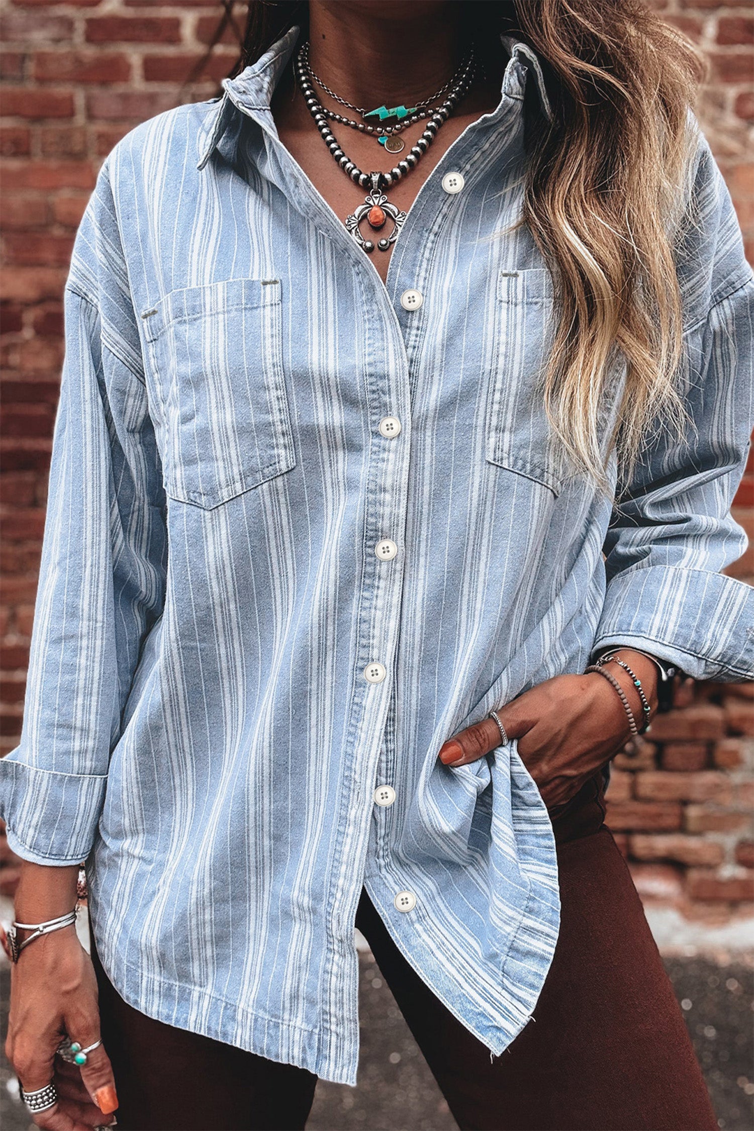 Sky Blue Stripe Boyfriend Chest Pocket Classic Denim Shacket Sky Blue Stripe 93%Cotton+4.5%Polyester+2.5%Viscose 58082840f77c7974
