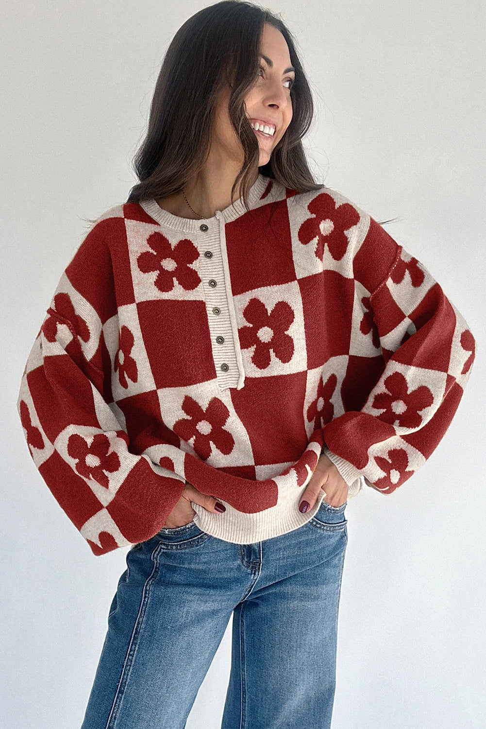 Red Dahlia Flower Colorblock Checkered Henley Sweater 5809b854308b126d