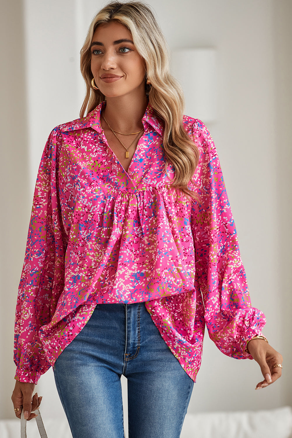 Bonbon Abstract Print Loose Fit Collared V Neck Babydoll Blouse 5809def2b86d9765