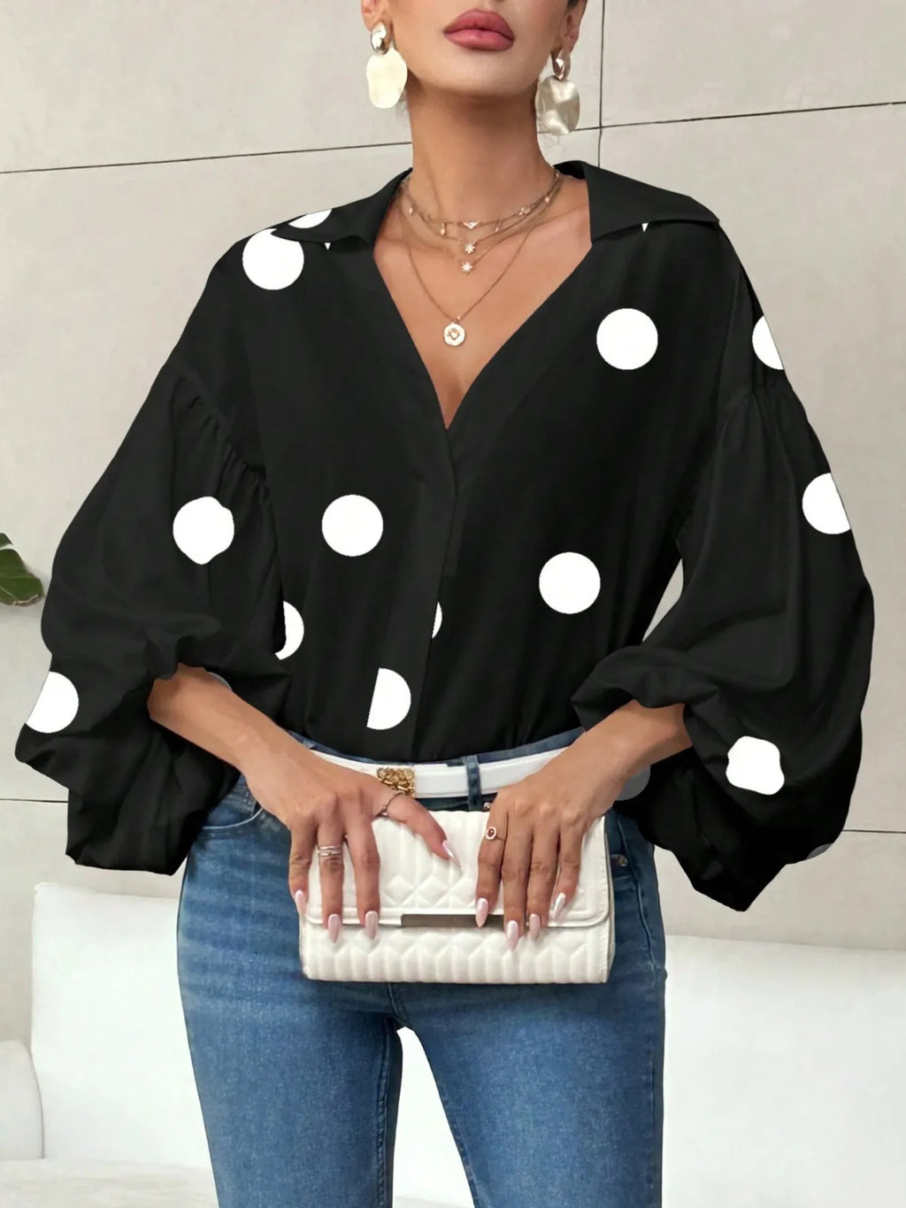Polka Dot Balloon Sleeve Blouse Black Polka Dots 580ef15a603e426ca74c991de62c0946-Max-Origin