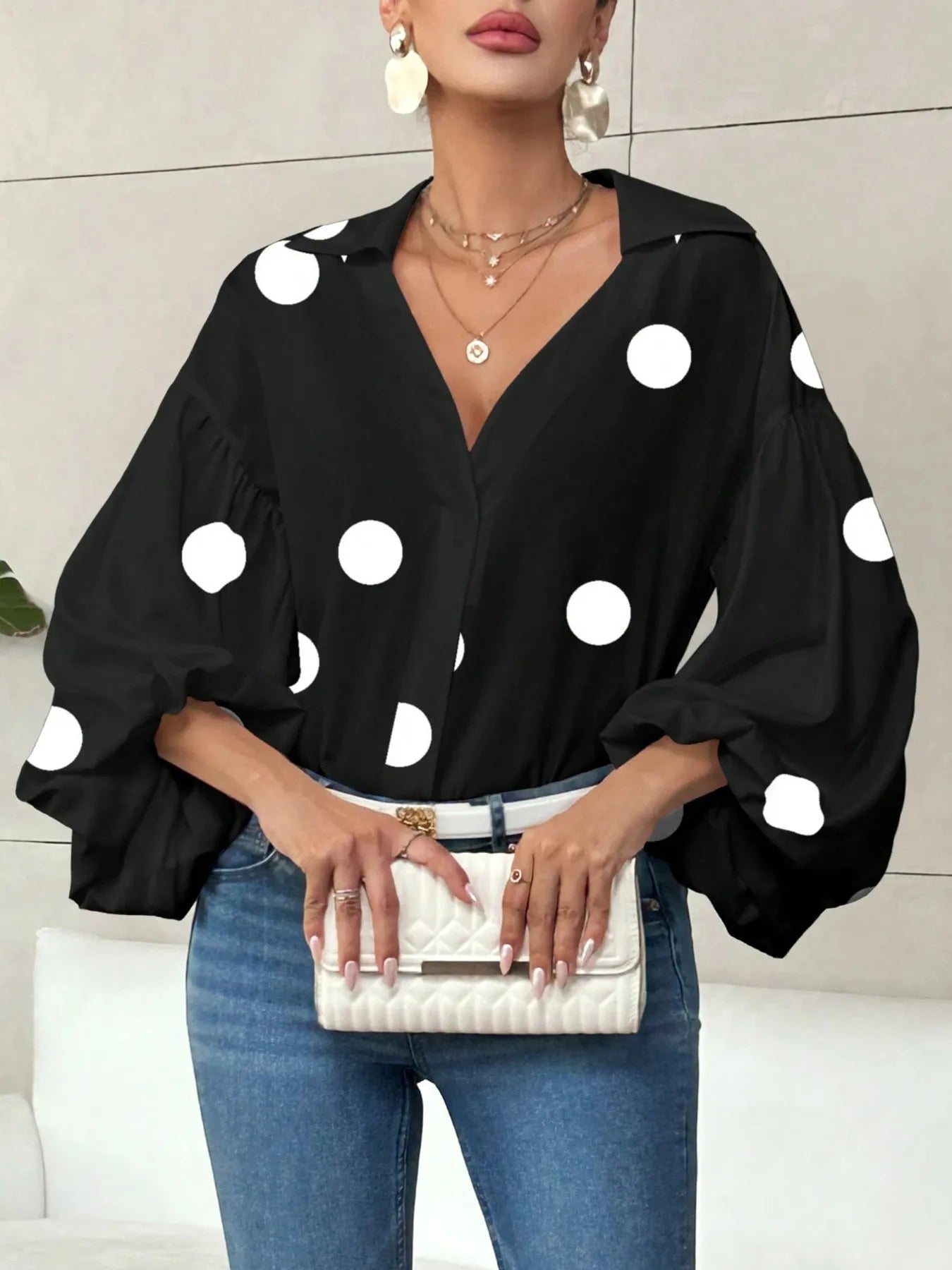 Polka Dot Balloon Sleeve Blouse Black Polka Dots 580ef15a603e426ca74c991de62c0946-Max-Origin