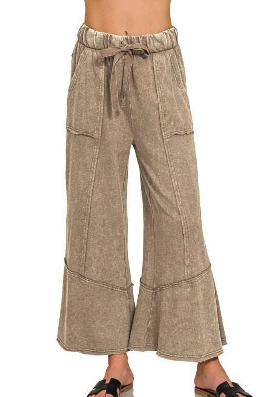 Zenana Exposed-seam Flare Hem Pants With Pockets MOCHA
