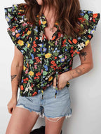 Tiered Flutter Sleeve V Neck Flower Blouse 58109aeb66a34b3484a71c665a2fc748-Max-Origin