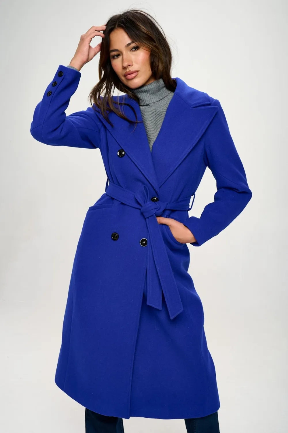 Coalition LA Double-Breasted Longline Coat with Belt Royal Blue 581c2152-7ec2-44b9-b42f-d0cbc703e99c-Max