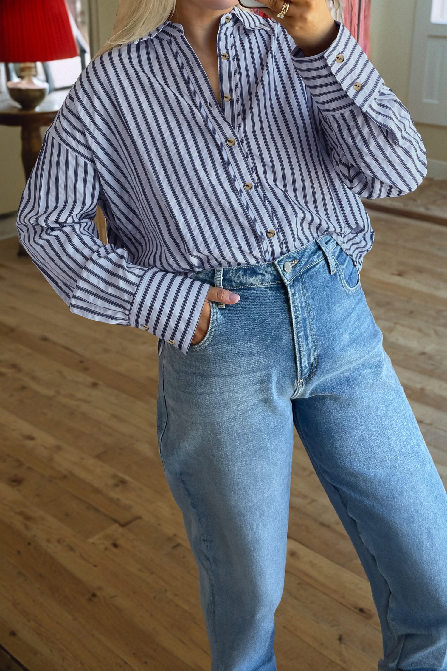Blue Stripe Button Down Long Sleeve Loose Shirt Blue Stripe 50%Polyester+50%Viscose 581f4c29b804d7ea