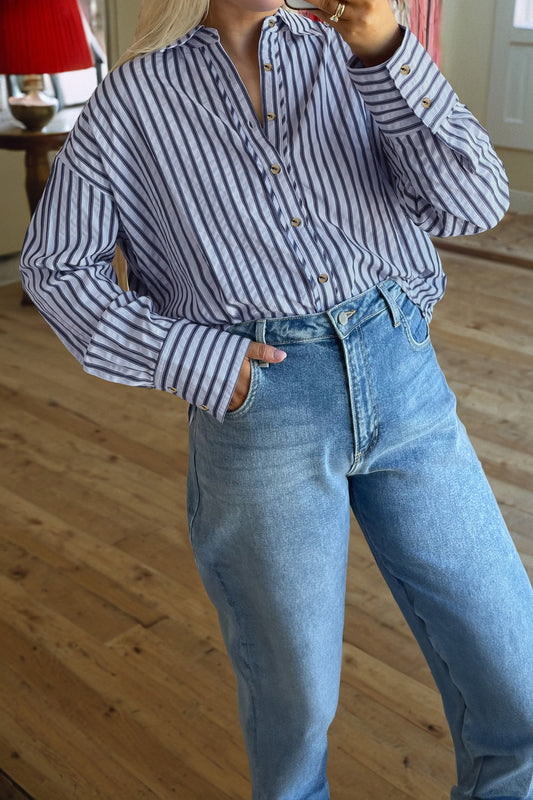 Blue Stripe Button Down Long Sleeve Loose Shirt Blue Stripe 50%Polyester+50%Viscose 581f4c29b804d7ea