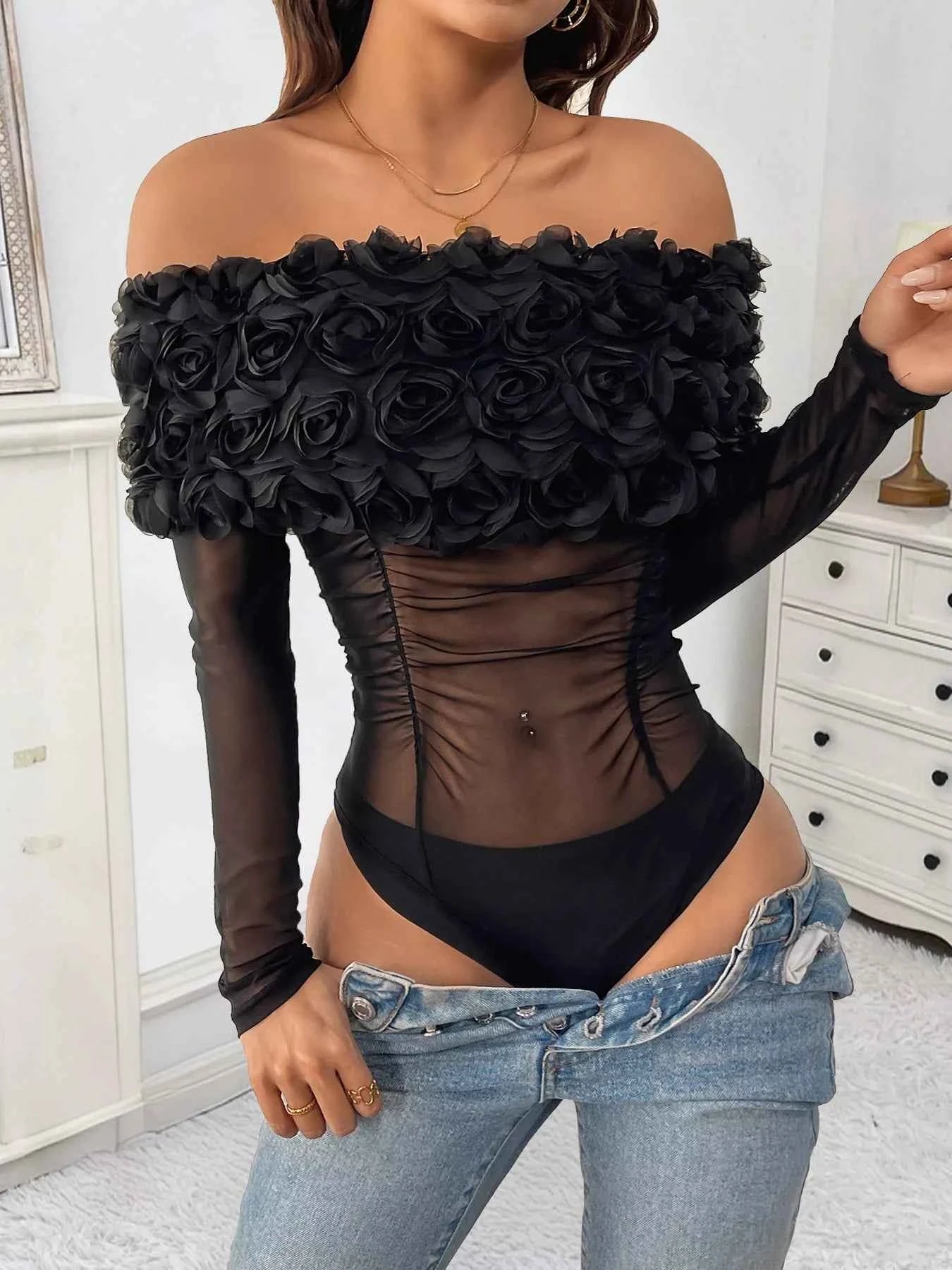 Flower Off-Shoulder Mesh Bodysuit Black 5823d3e83dc0438996758071b4932a01-Max-Origin