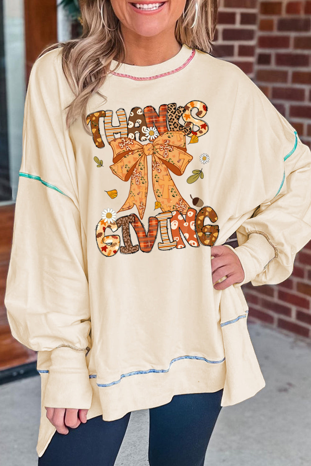 White THANKSGIVING Ribbon Bow Heat Transfer Printing Contrast Trim Baggy Sweatshirt