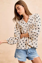 BiBi Polka Dot Corduroy Quarter Sleeves V Neck Blouse 5829c8635bcd46eb93e0c049992ffcda-Max-Origin