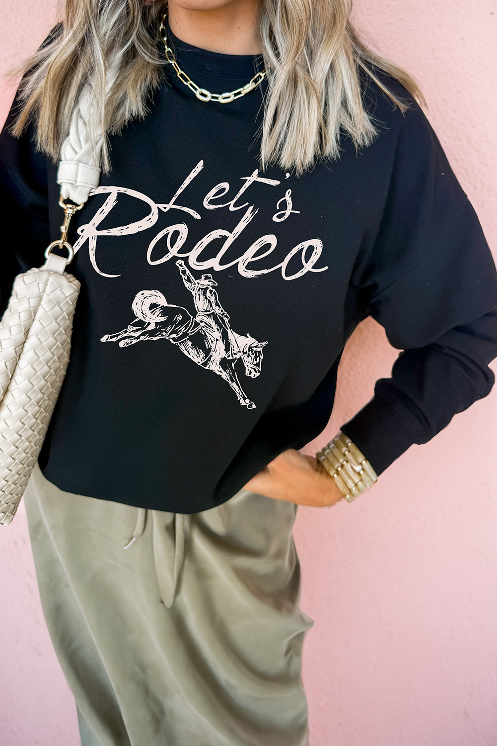 Black Lets Rodeo Western Print Pullover Sweatshirt Black 50%Polyester+50%Cotton 5830b16765dd763c