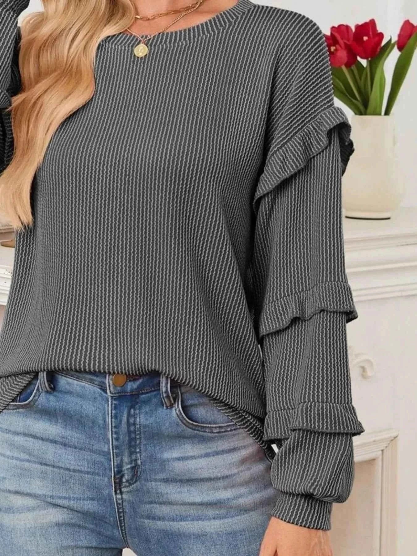 Ruffled Round Neck Long Sleeve Sweatshirt 5833df9f-910f-4cc0-921f-f4d61a82eccf-Max-Origin