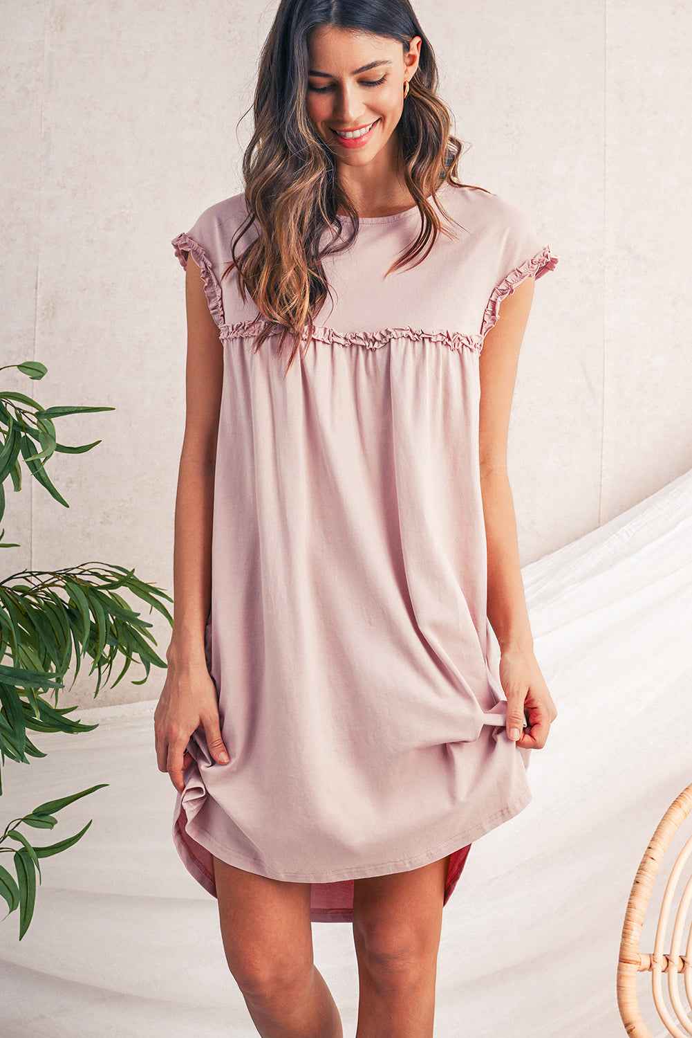 Mint Green Frilled Trim Crewneck Loose Fit Mini Dress 583b77c45913f607