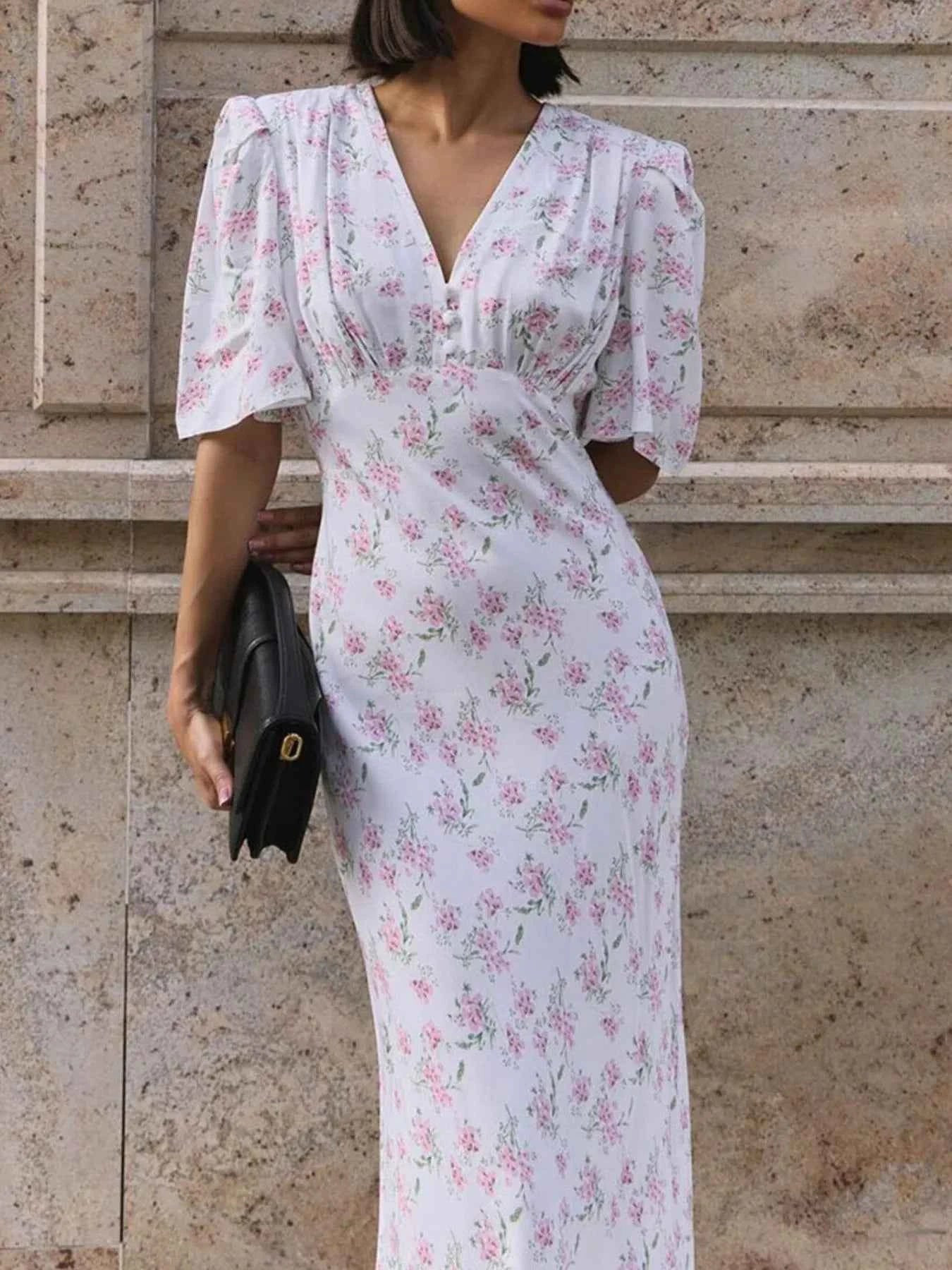 Floral Print Short Sleeve Dress White 583bfee0-0e8b-44ee-a027-8102acd234a7-Max-Origin