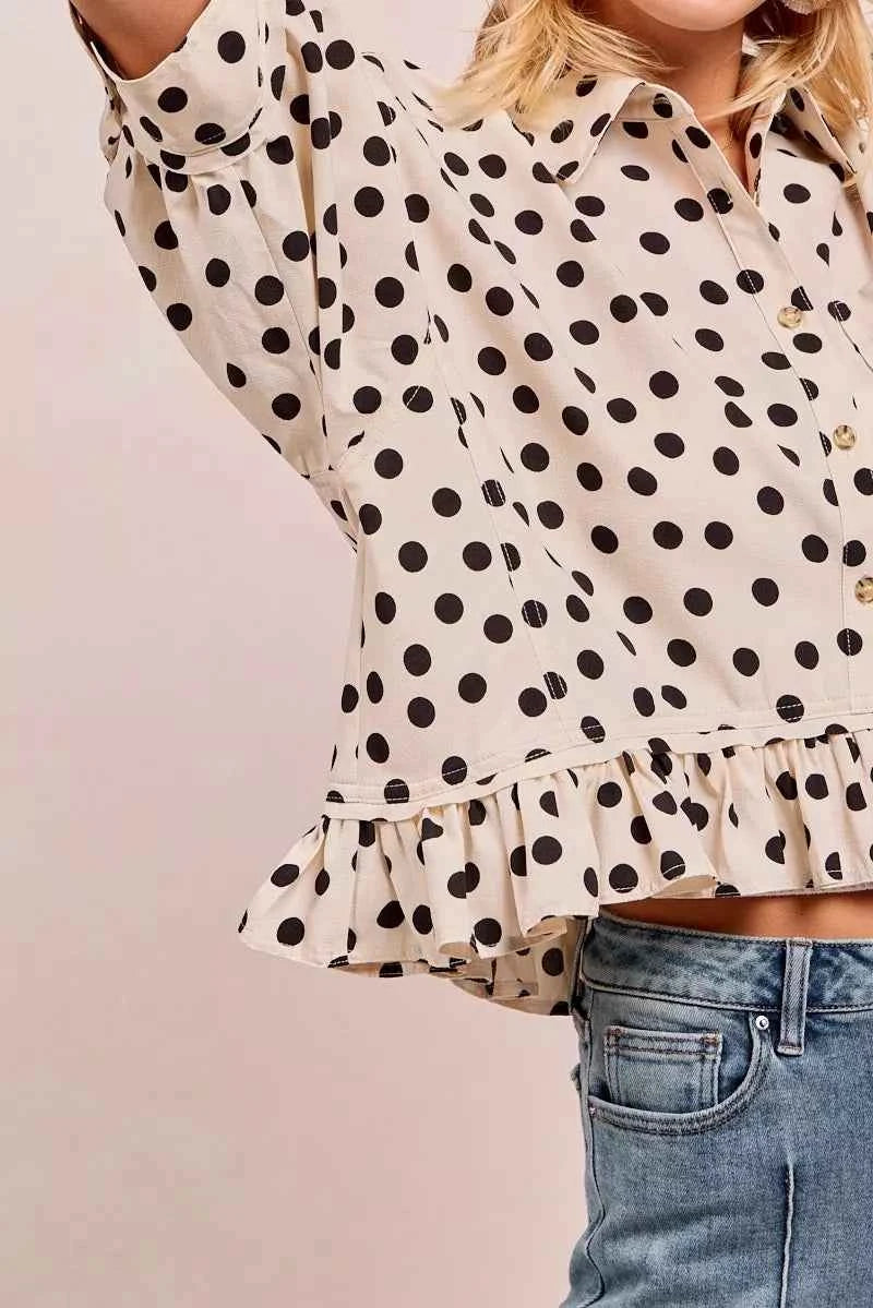 Polka Dot Printed Peplum Top with Front Button 58404b75f3cd4a6dbd89749dae17f0a0-Max-Origin