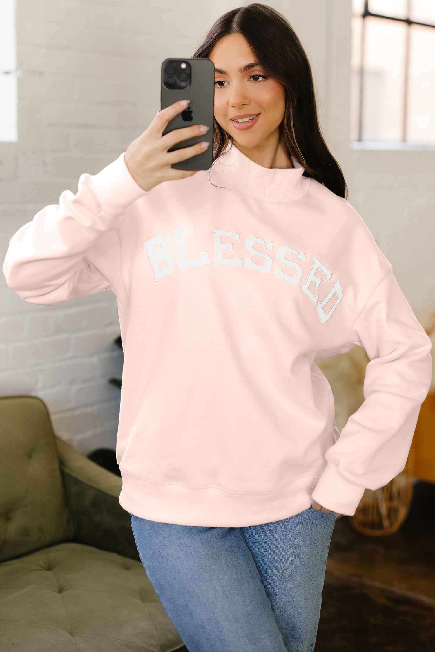 Sea Green Oversize Blessed Embroidered Mock Neck Sweatshirt Light Pink 50%Polyester+50%Cotton 584269b140ccfc84