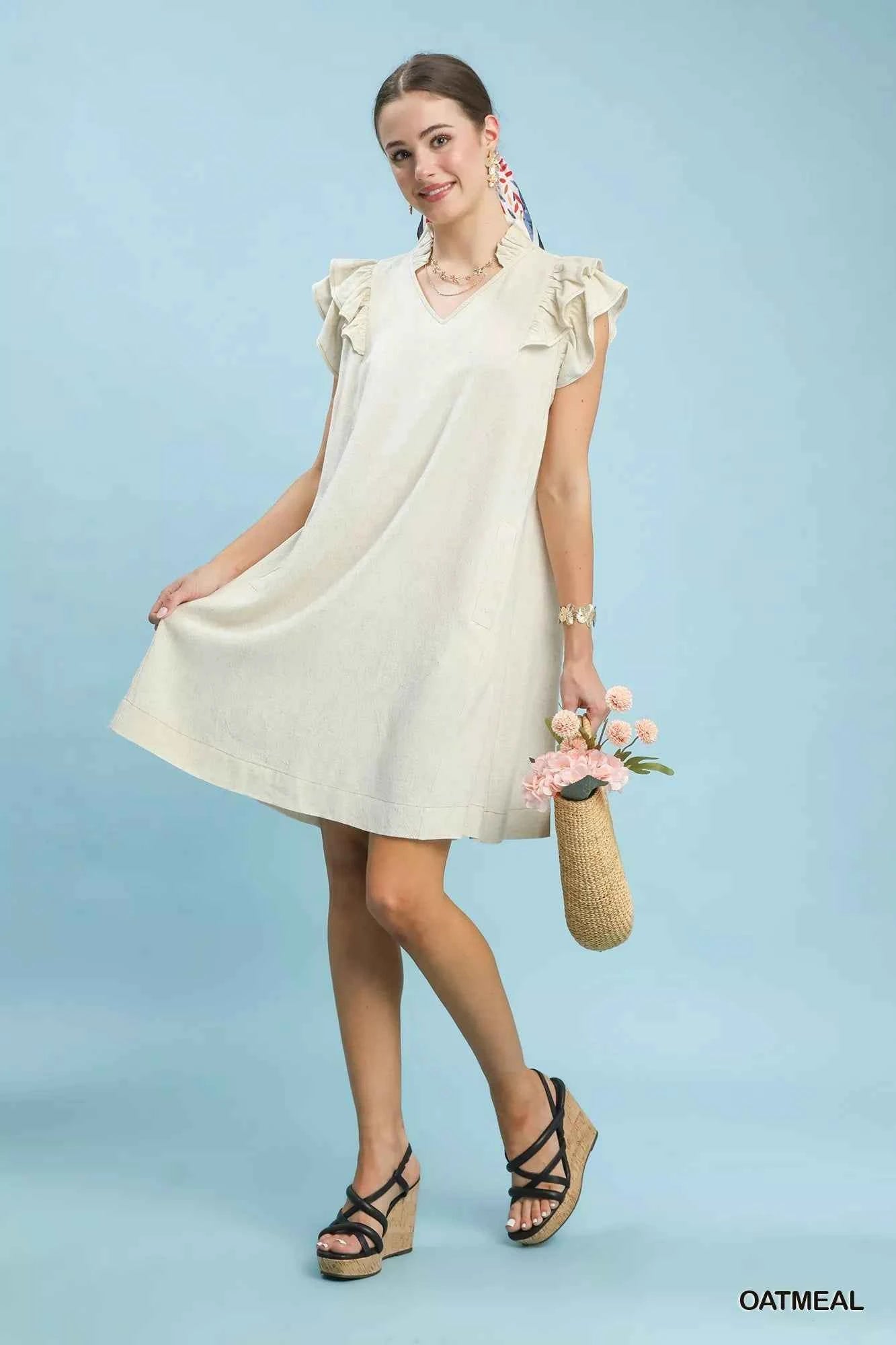 Umgee Linen Flutter Sleeve Shift Dress with Pockets OATMEAL 584a8bca-5ab4-4f03-94ac-b7eb755da981-Max-Origin