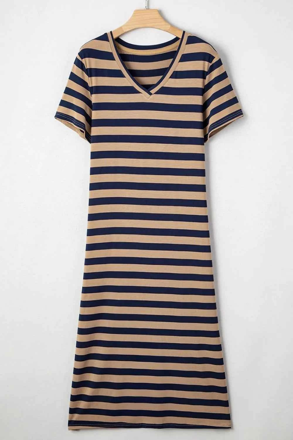 Casual Striped V-Neck Midi T-Shirt Dress 584cffc9-d2dc-43c0-9763-c726af6617c4-Max