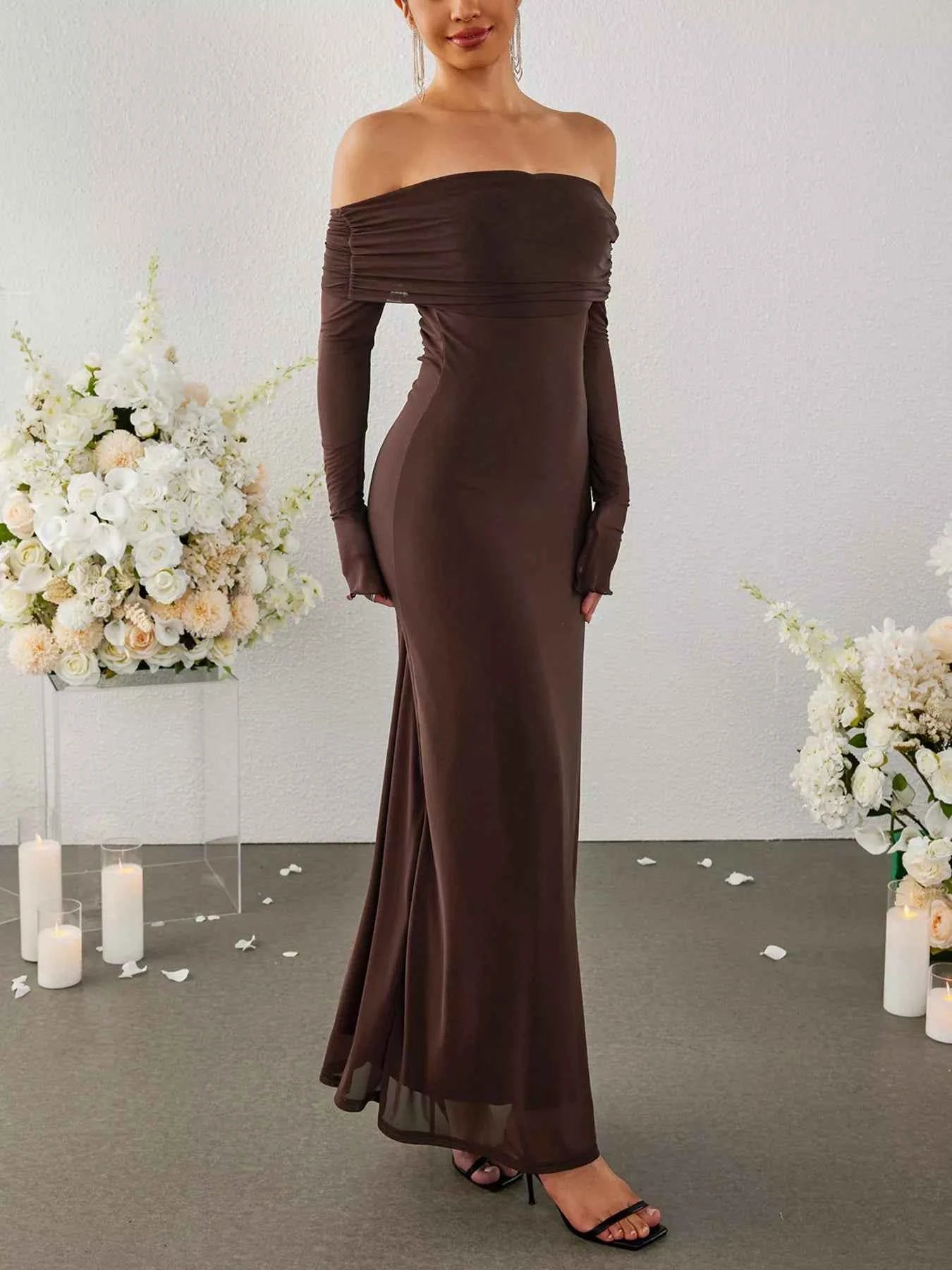 Off-Shoulder Ruched Long Sleeve Maxi Dress 5853110e8ff643f199bf39be1f2aa3ff-Max-Origin