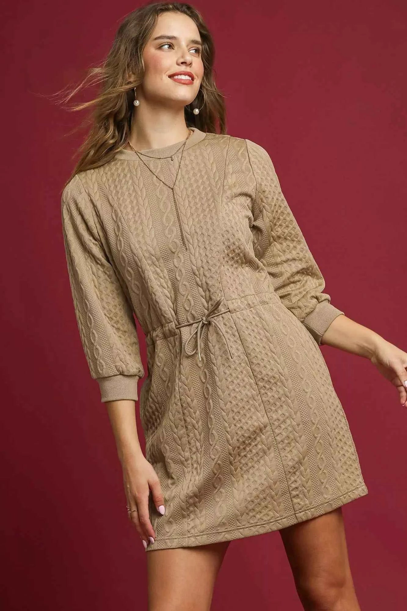 Umgee Drawstring Cable Knit Mini Dress with Pockets TAUPE 5855a1ed-e682-4fcf-95bd-52a2d0a9aba9-Max-Origin