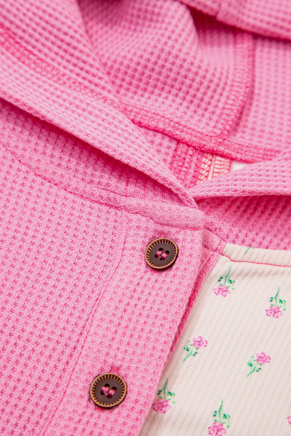 Pink Mixed Texture Waffle Floral Patchwork Hooded Oversized Pullover Top 5857ee3f392b5b6a