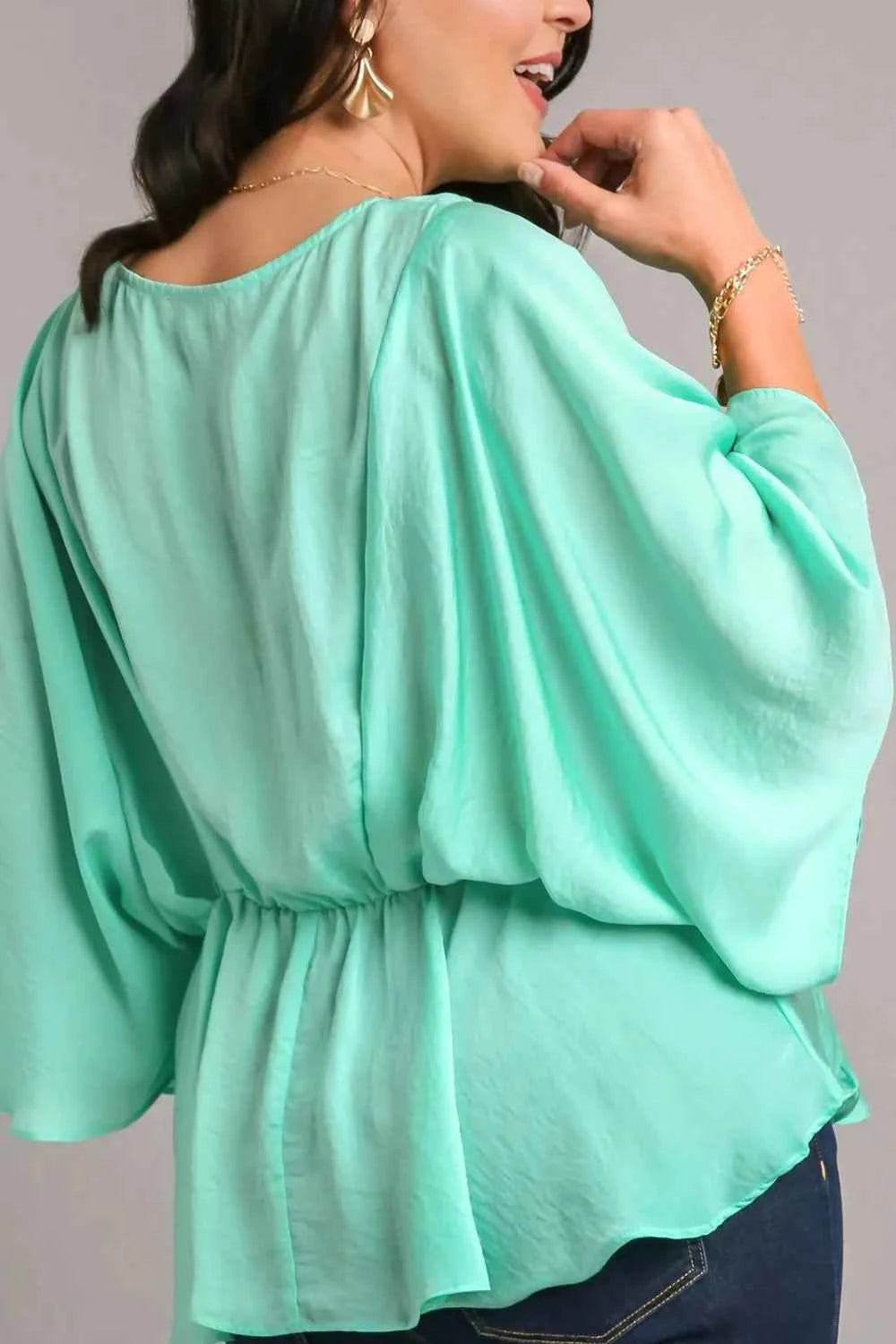 Umgee Full Size Satin Pleated Peplum Round Neck Blouse Plus Size 585916bc-2cb6-4b18-ac4b-57639a290f55-Max