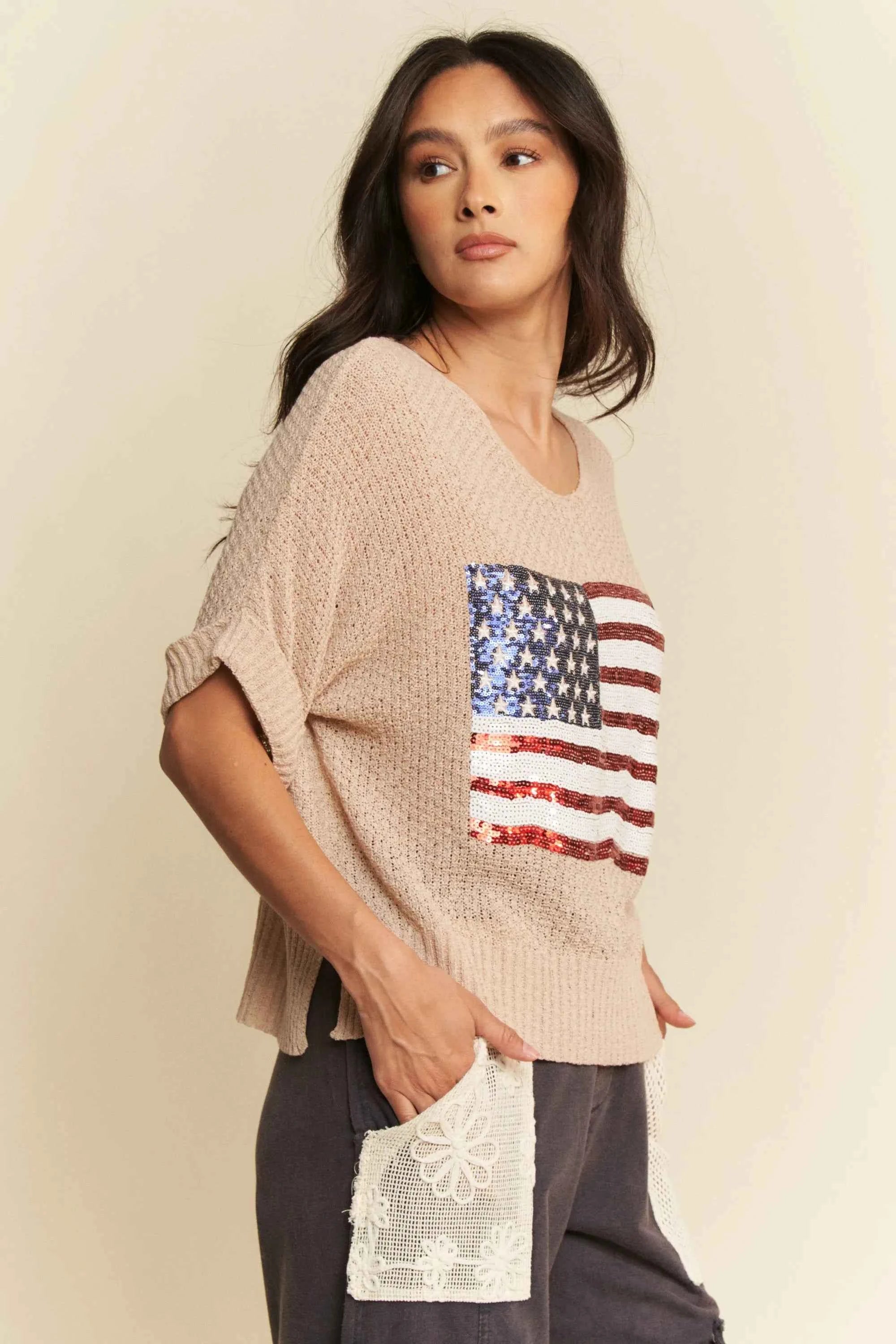 Davi & Dani Sequin American Flag Patch Short Sleeve Knit Top 585abdae675c4ad3b8b4a72411196428-Max-Origin