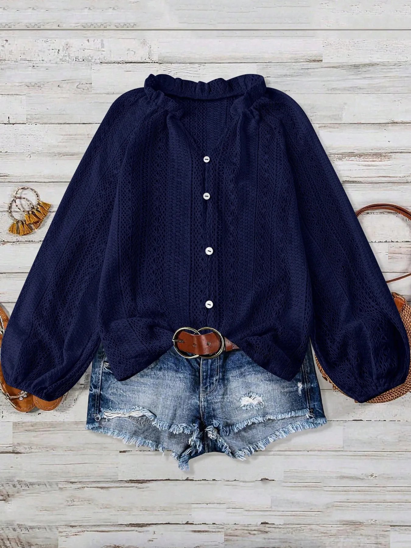 Crochet Notched Button-Front Shirt 585d8775c2854979a7225988d5469072-Max-Origin