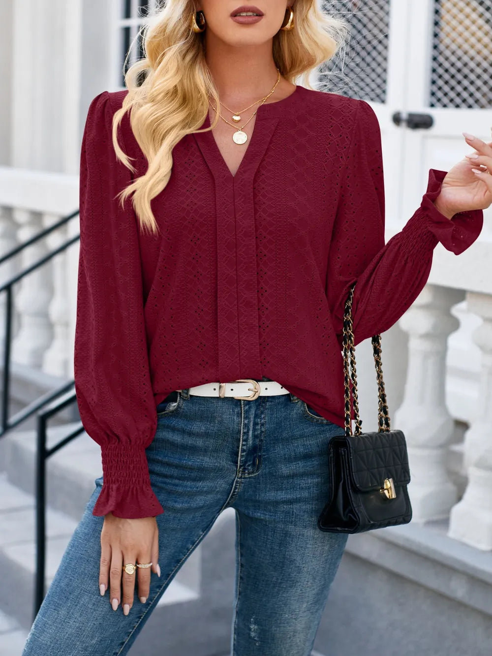 Lovelet Eyelet Notched Flounce Sleeve Blouse 585e22d4-ecb0-4208-89d7-13407896e850-Max