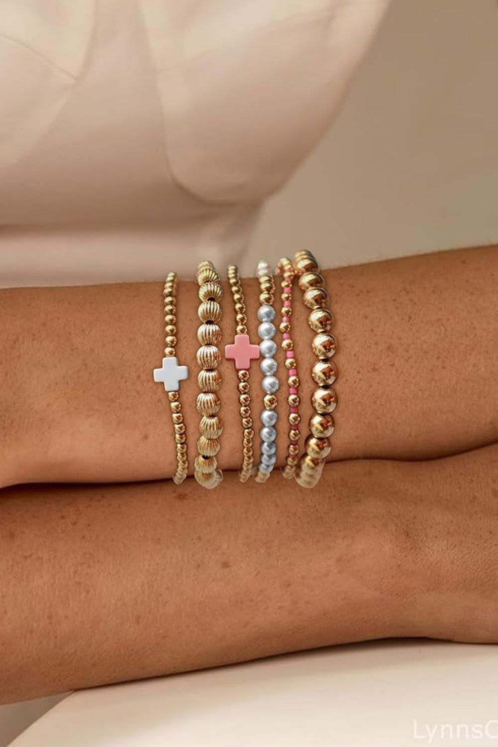 Gold Pearl Cross Beaded Stretch Bracelet Set 585e9b230994b7a5