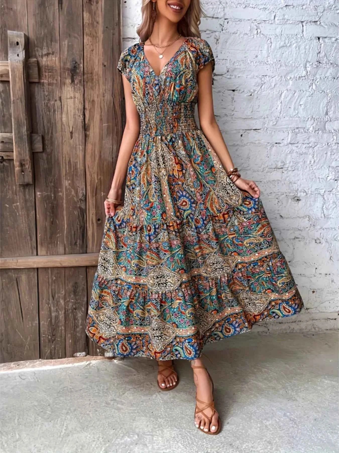 Printed V-Neck Cap Sleeve Dress French Blue 5860a53015a04d83865a68b83ff8c318-Max-Origin