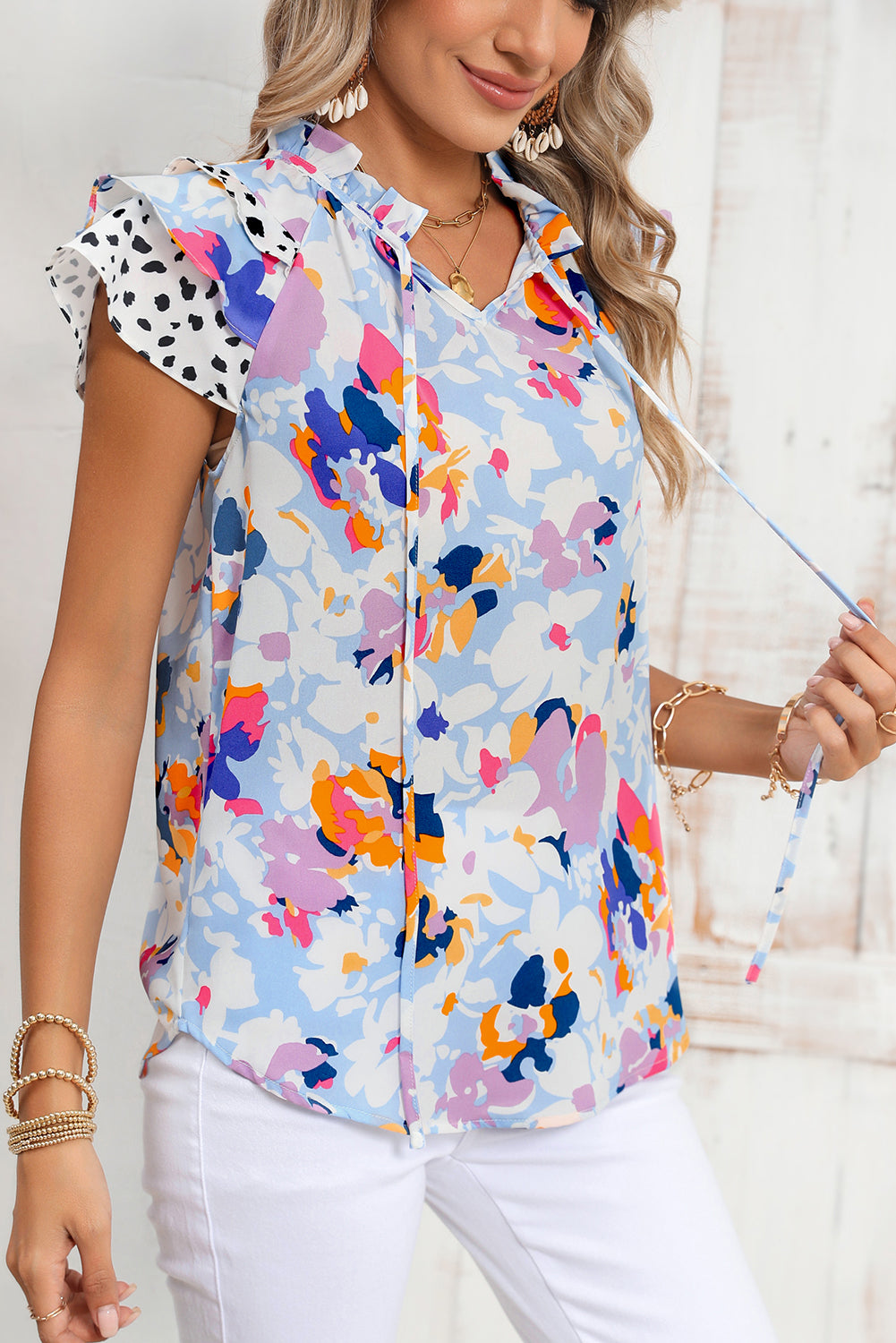 Black Floral Print Ruffle Flutter Sleeve Tied V Neck Blouse 5862c2fcd3b745fe