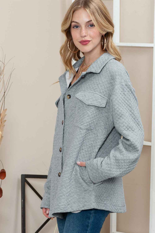 Gray Lattice Texture Retro Flap Pocket Button Quilted Shacket 58638baad17b53dc