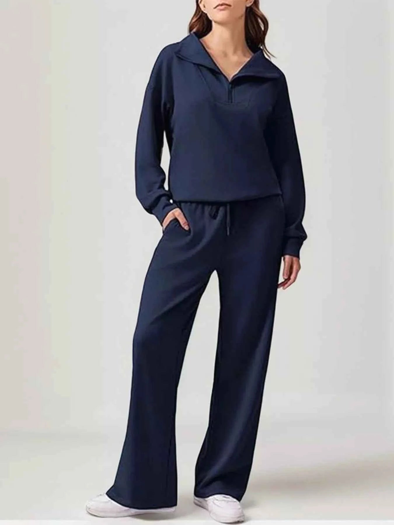 Relaxed Fit Quarter-Zip Top and Pants Set Dark Blue 58651b35b6a844d198a120289f315b7c-Max-Origin
