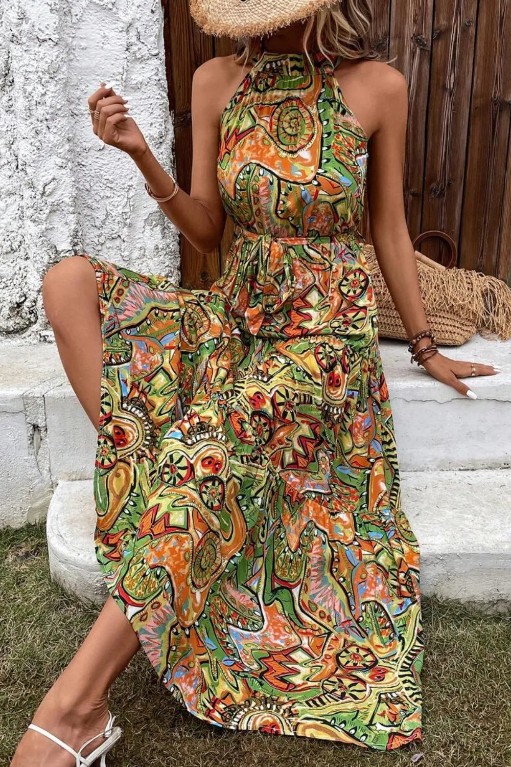 Tied Floral Sleeveless Dress Green 586553b8-3a7f-4db5-b0f1-f8a5fe1ba2e6-Max